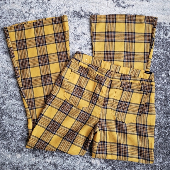 Almost Famous Pants - Almost Famous Plaid Wide Flare High Rise Pants Mustard Yellow